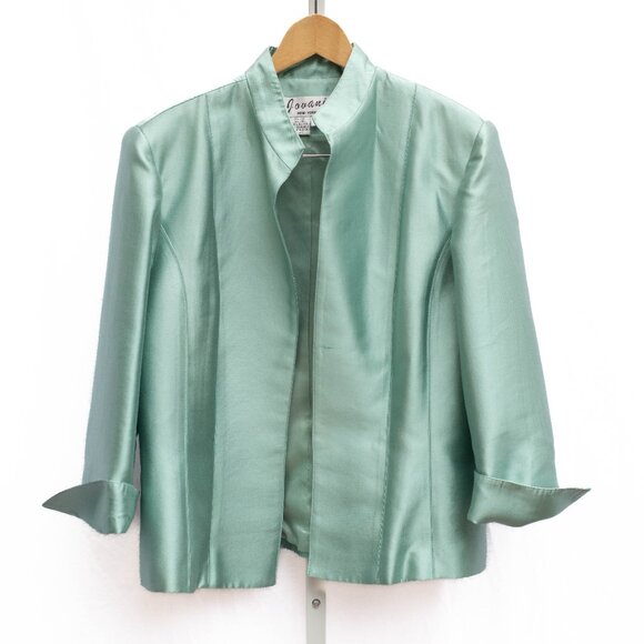 Jovani NY 3 Pc Silk Wool Set 18M Aquamarine Blazer Tank Lace Skirt Beaded NWT - Picture 2 of 16